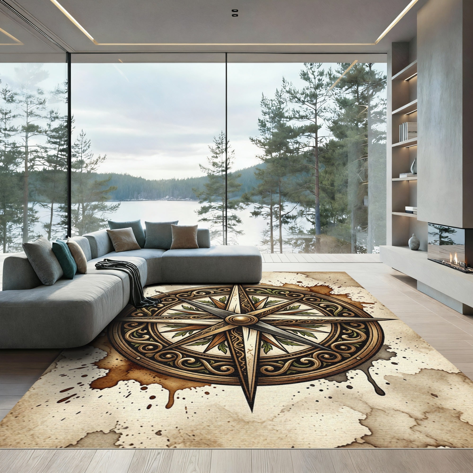 Ornate Golden Compass Nautical Map Rug