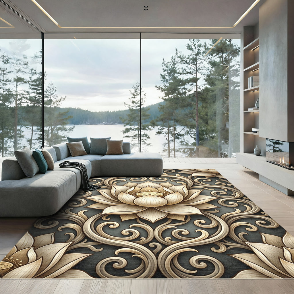 Elegant Gold Lotus Scroll Woven Art Rug