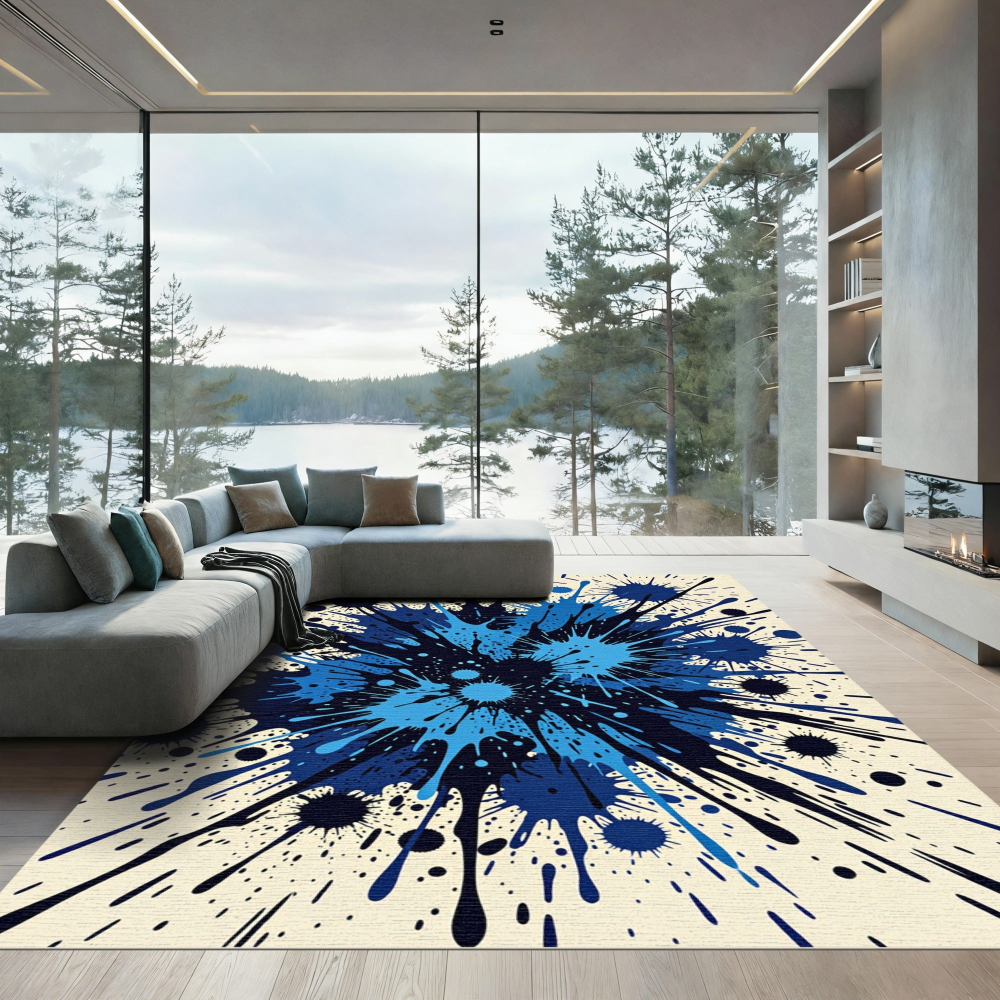 Splattered Blue Abstract Explosion Rug
