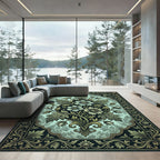 Ornate Sage Floral Damask Medallion Rug