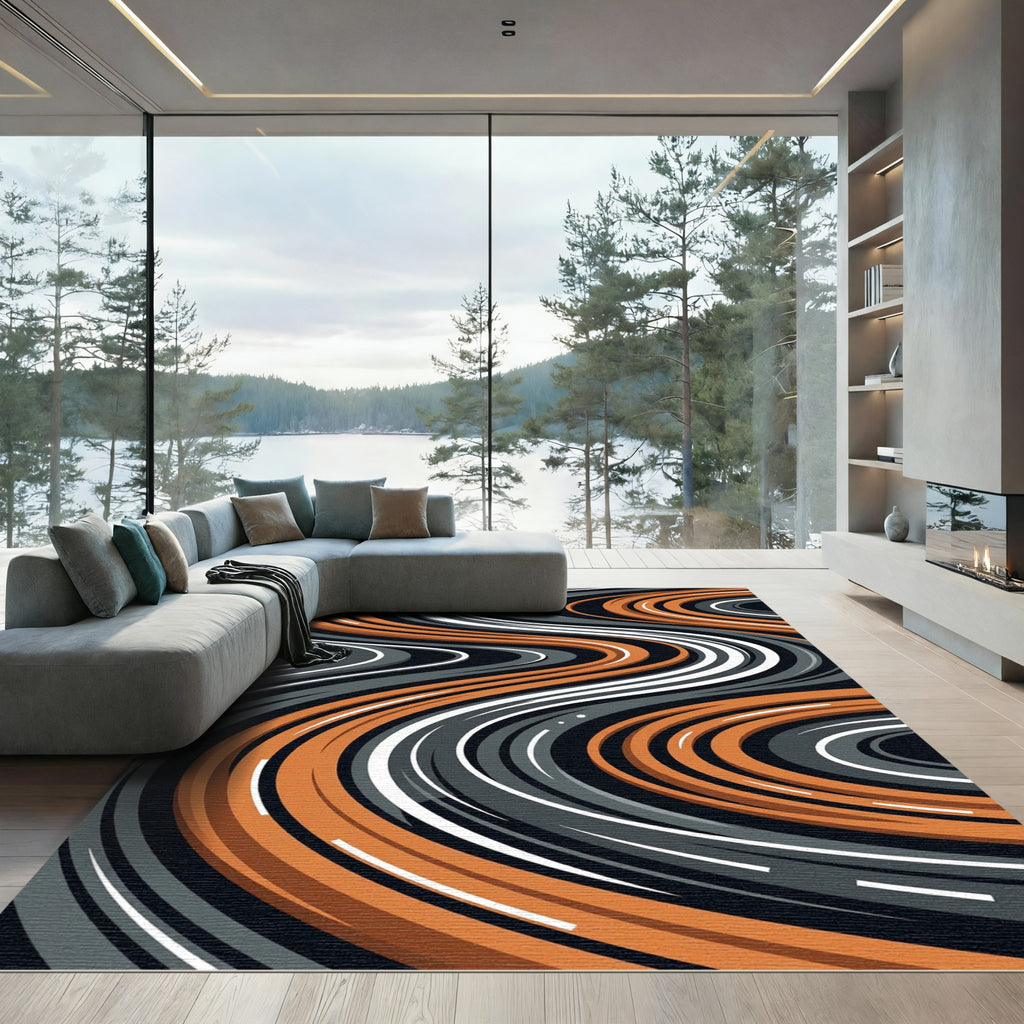 Abstract Copper and Charcoal Flowing Curve Rug