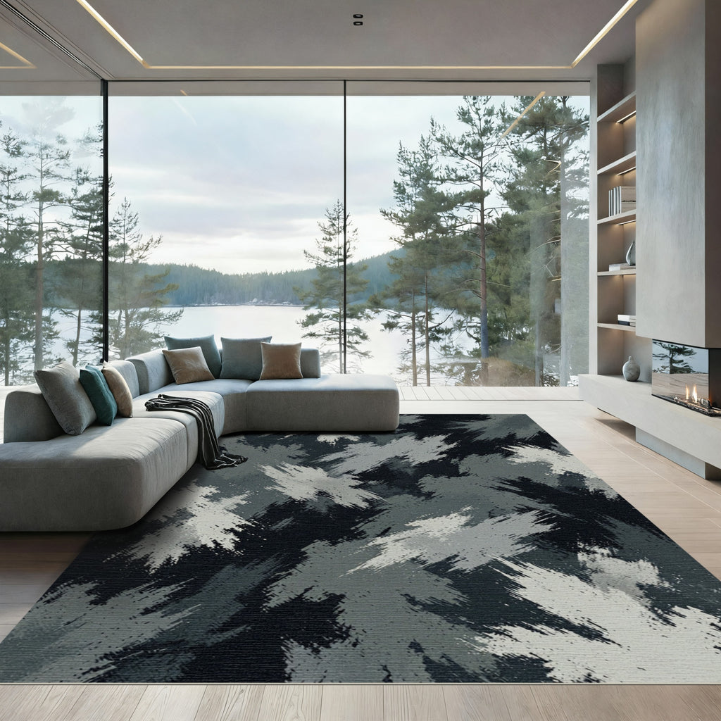 Monochrome Abstract Charcoal Brushstroke Textured Rug