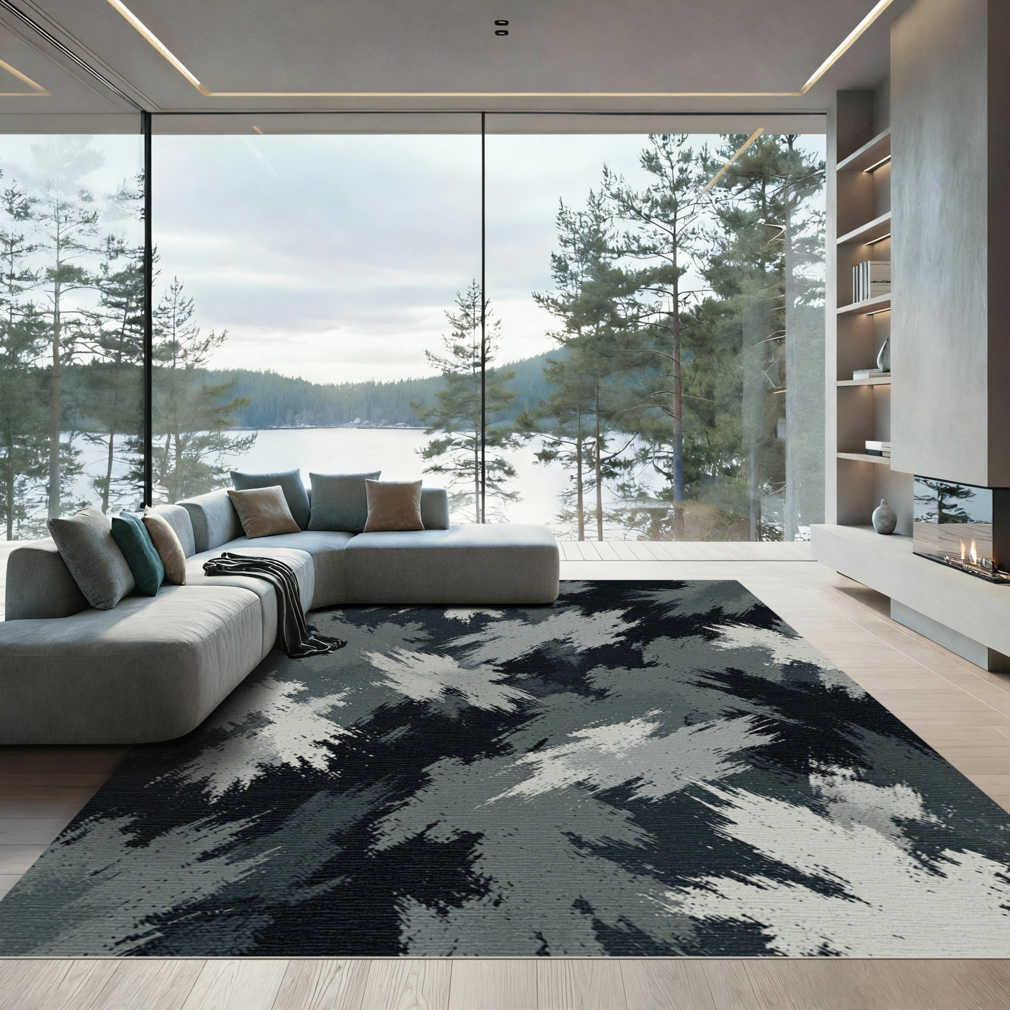 Monochrome Abstract Charcoal Brushstroke Textured Rug