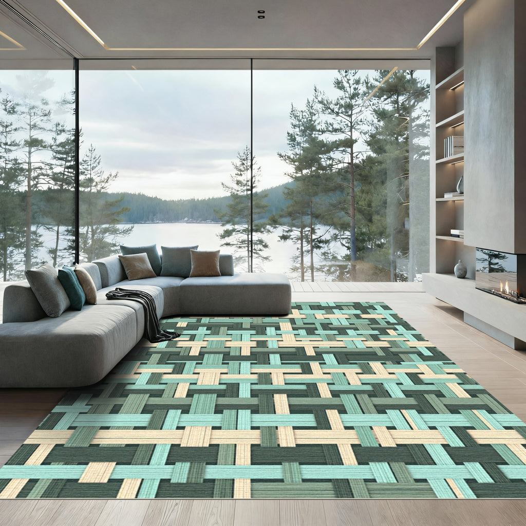 Sage and Cream Woven Geometric Lattice Rug