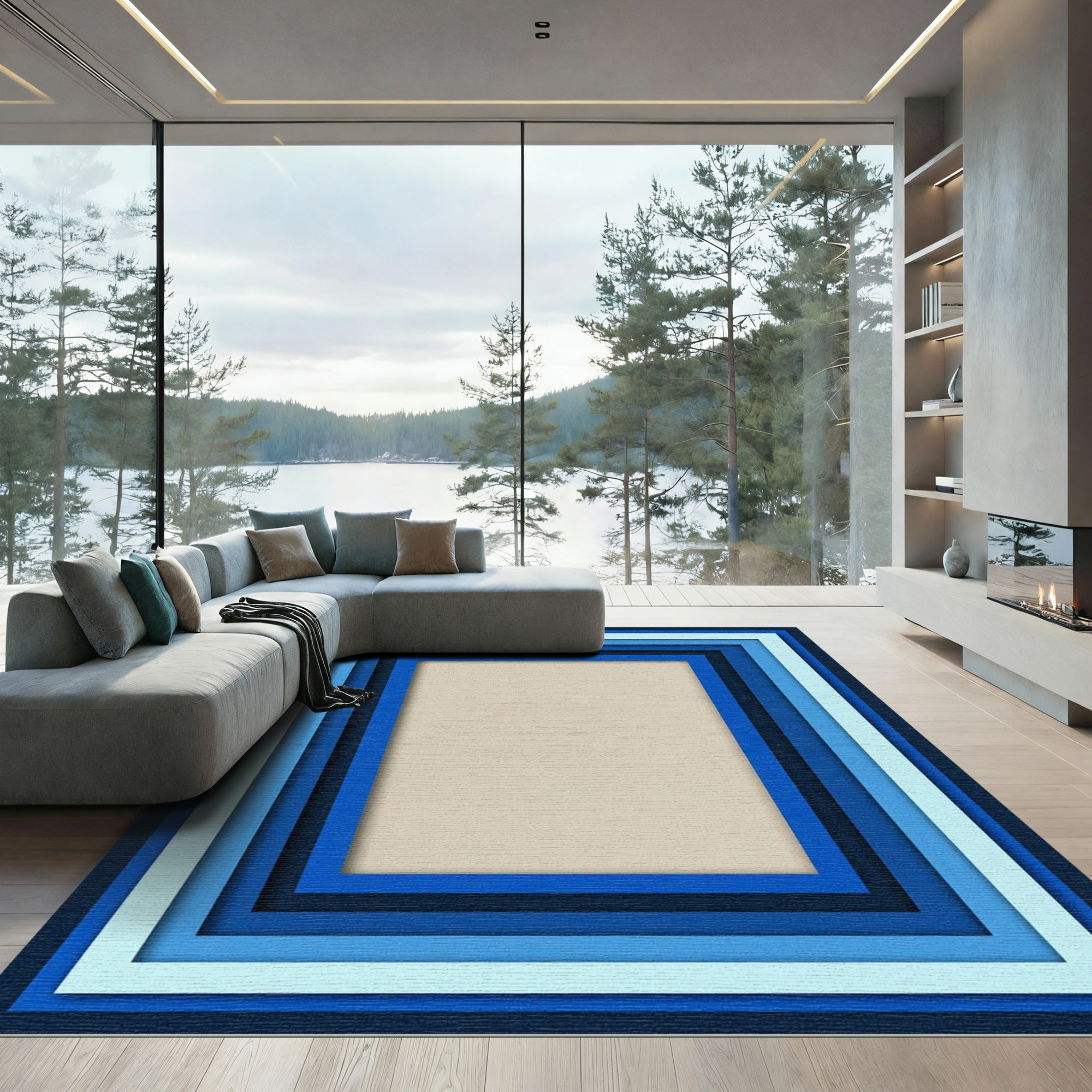 Layered Blue Rectangles Geometric Rug