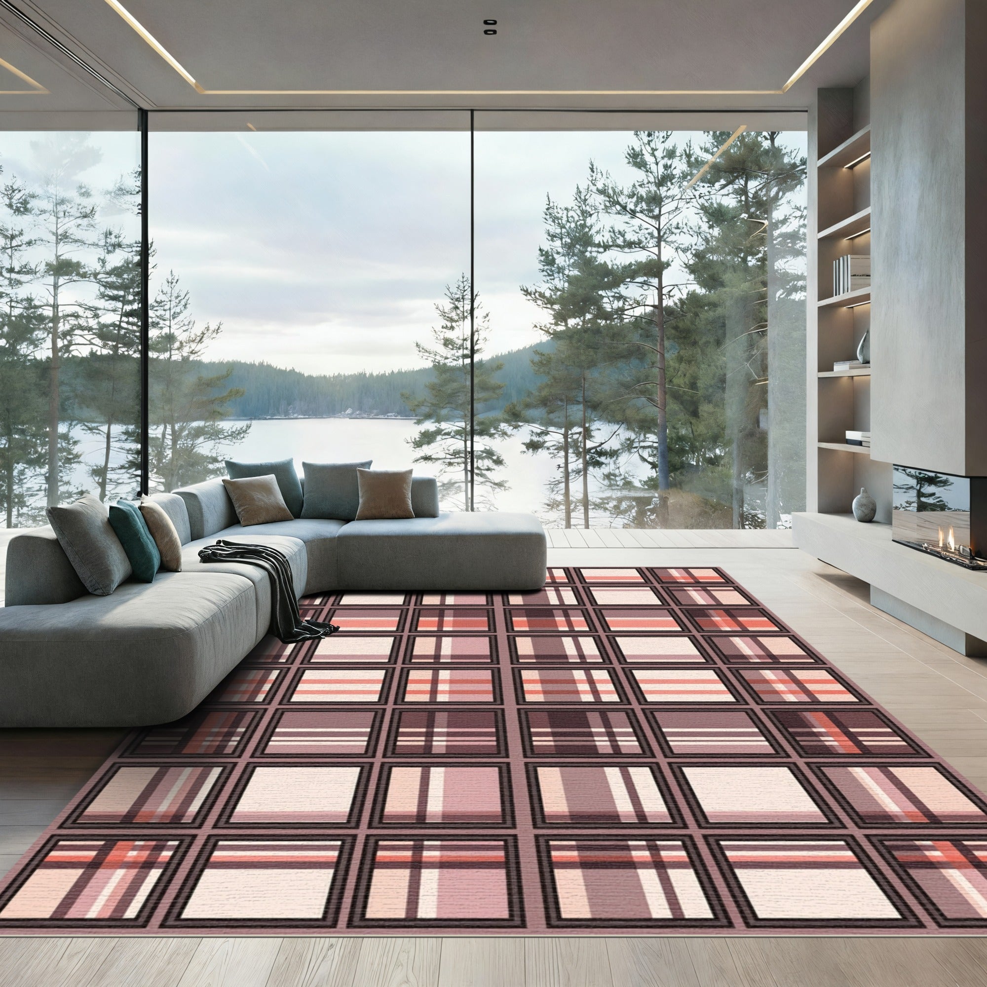 Muted Pink and Gray Plaid Grid Rug