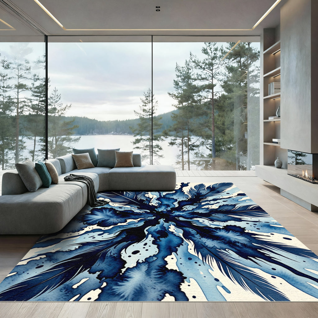Navy Watercolor Feather Burst Abstract Rug