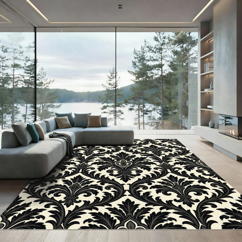 Black Ivory Flourish Damask Ornament Rug