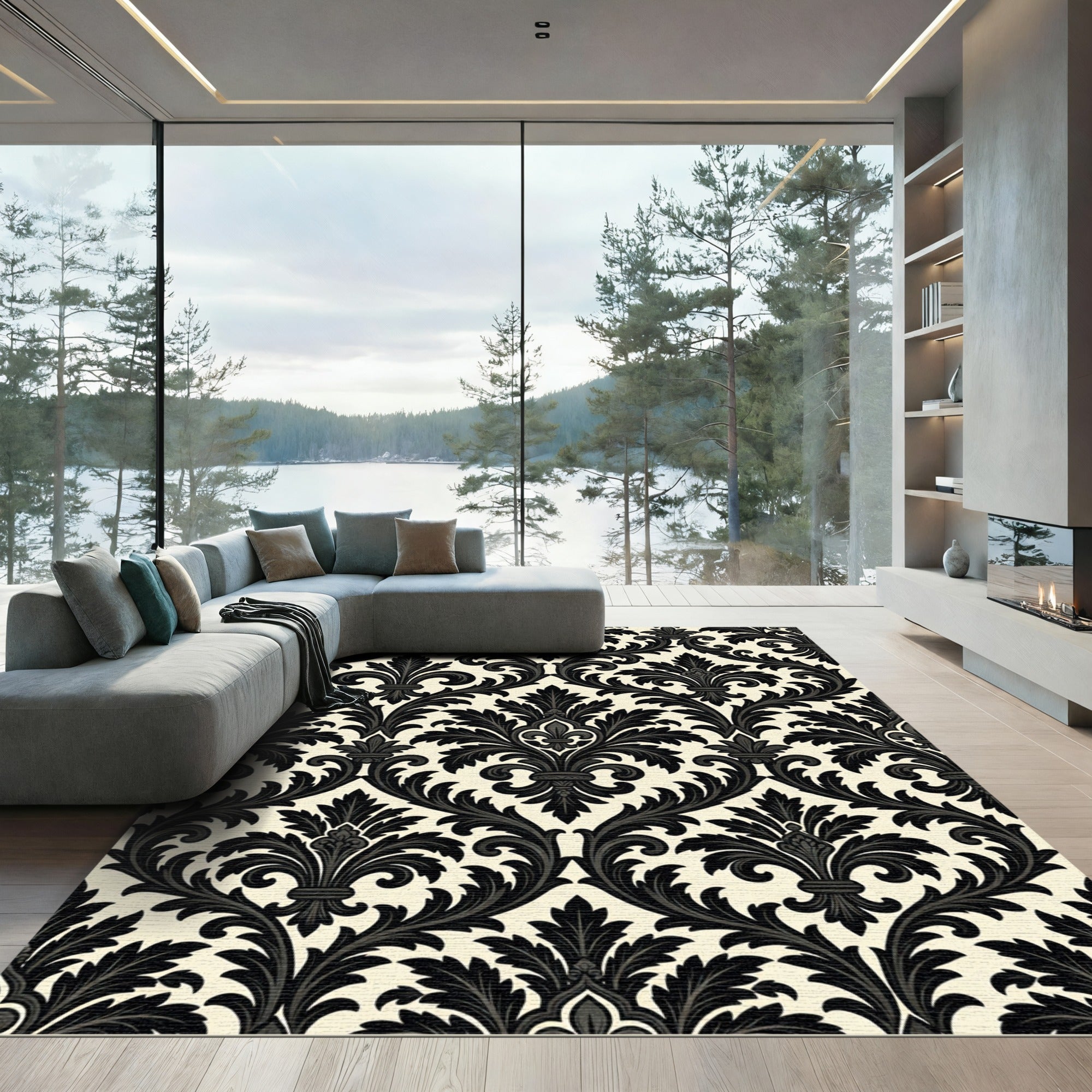 Black Ivory Flourish Damask Ornament Rug