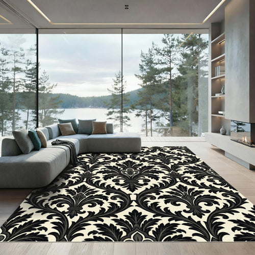 Black Ivory Flourish Damask Ornament Rug