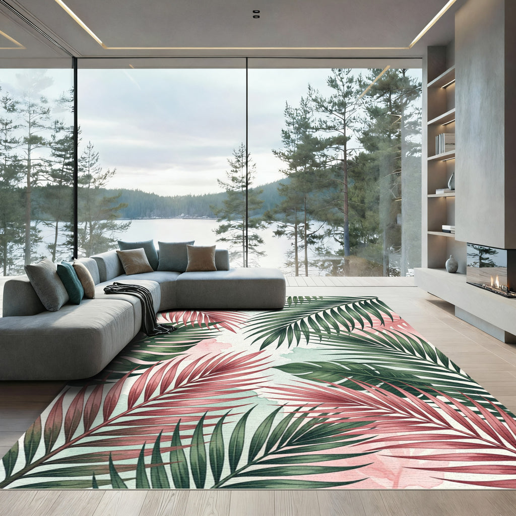 Vibrant Pink and Green Tropical Foliage Rug