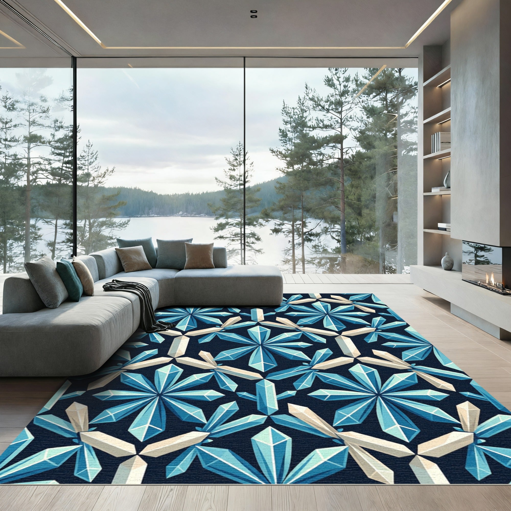 Geometric Blue Crystal Star Hexagon Rug
