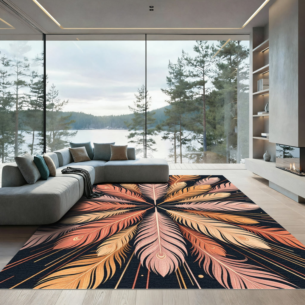 Radiant Peach Feather Radial Art Rug