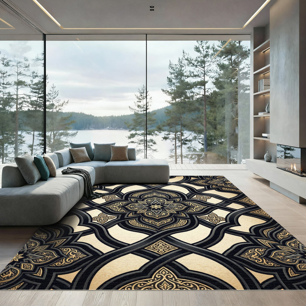 Ornate Black and Gold Interlocking Scroll Rug