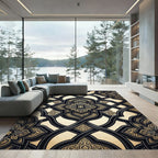 Ornate Black and Gold Interlocking Scroll Rug
