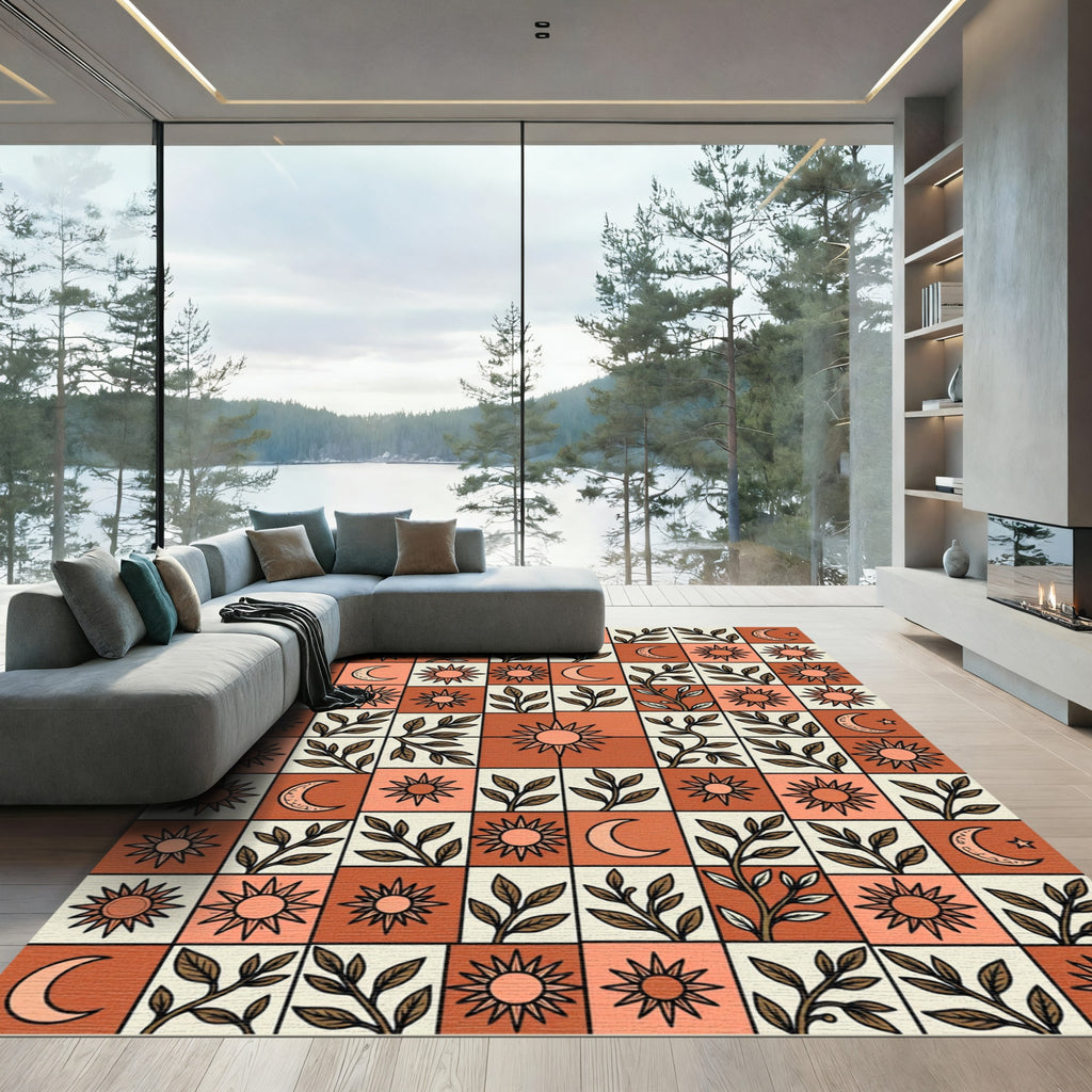 Terracotta Sun Moon Branch Checkerboard Rug