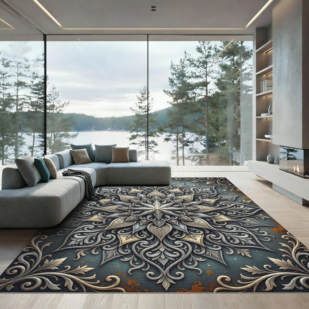 Ornate Celestial Silver Gold Mandala Rug