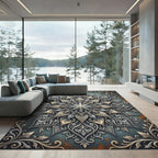 Ornate Celestial Silver Gold Mandala Rug