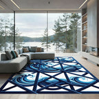 Geometric Grid Blue Ocean Wave Rug