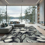 Elegant Monochrome Magnolia Botanical Arrangement Rug