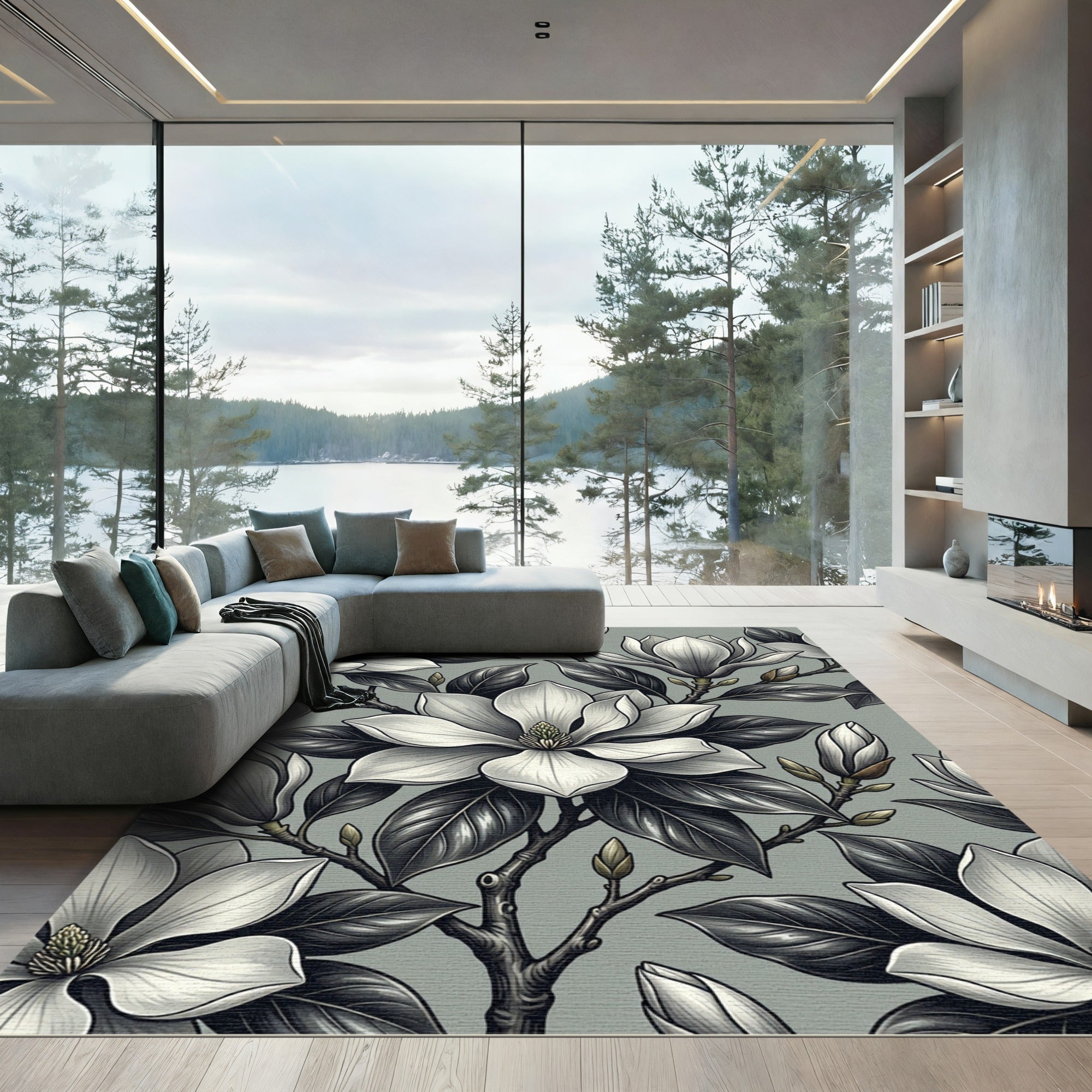 Elegant Monochrome Magnolia Botanical Arrangement Rug