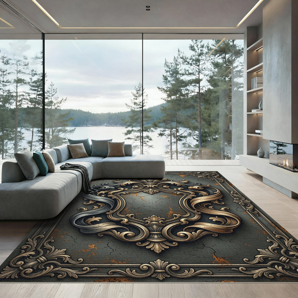 Ornate Gold Charcoal Baroque Scroll Frame Rug