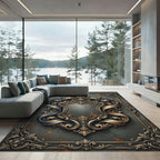 Ornate Gold Charcoal Baroque Scroll Frame Rug