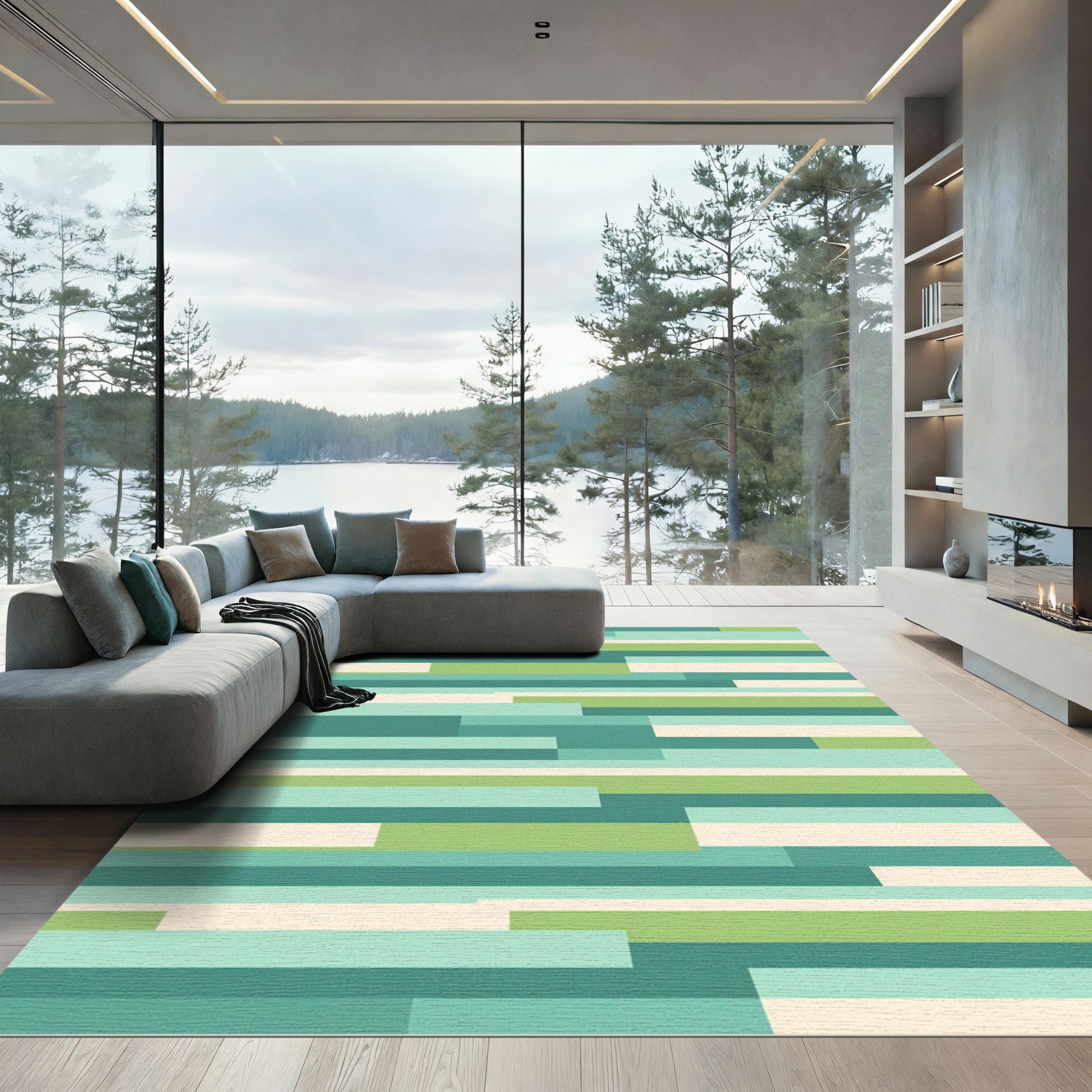 Modern Green Teak Geometric Stripe Rug