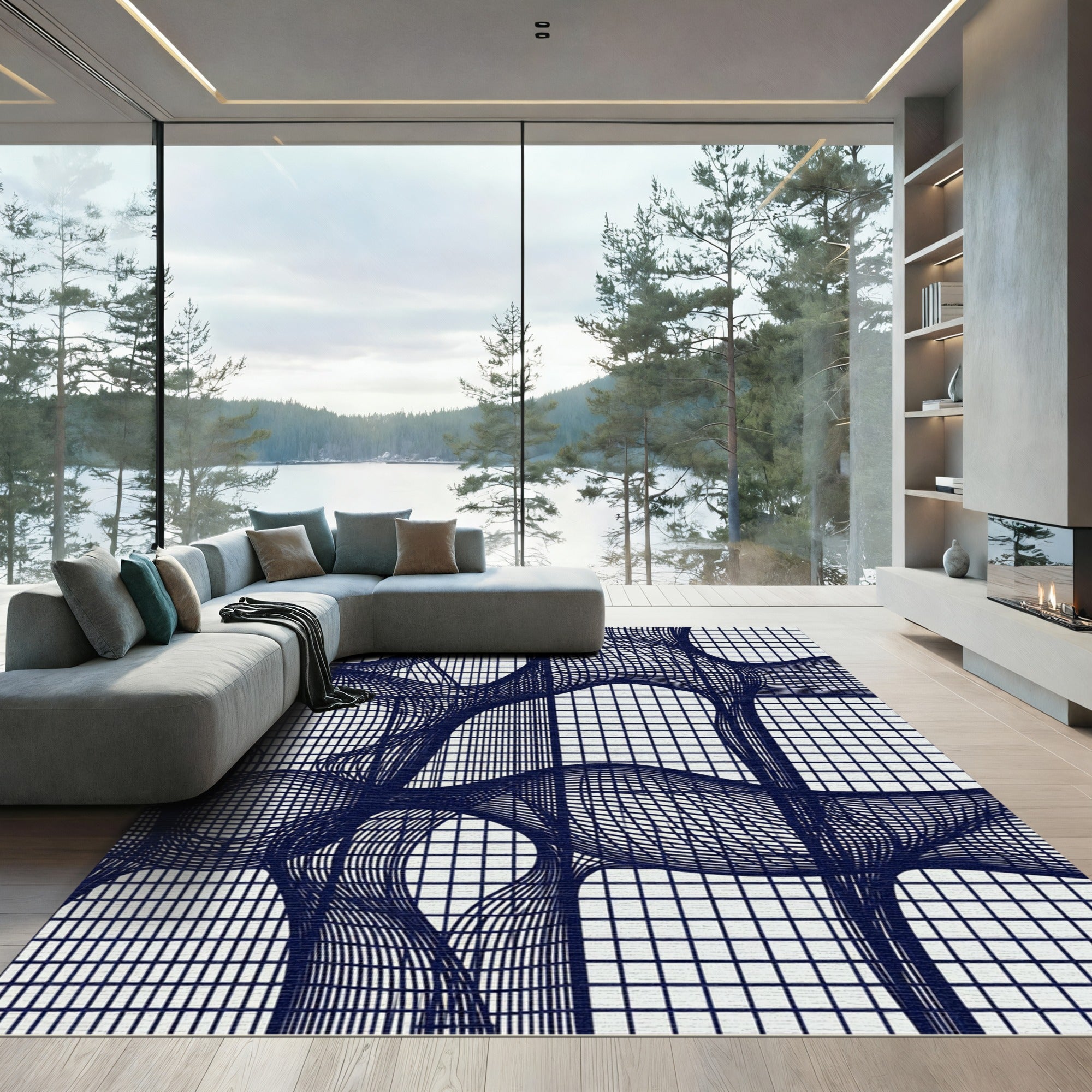 Dark Blue Grid Warp Abstract Rug