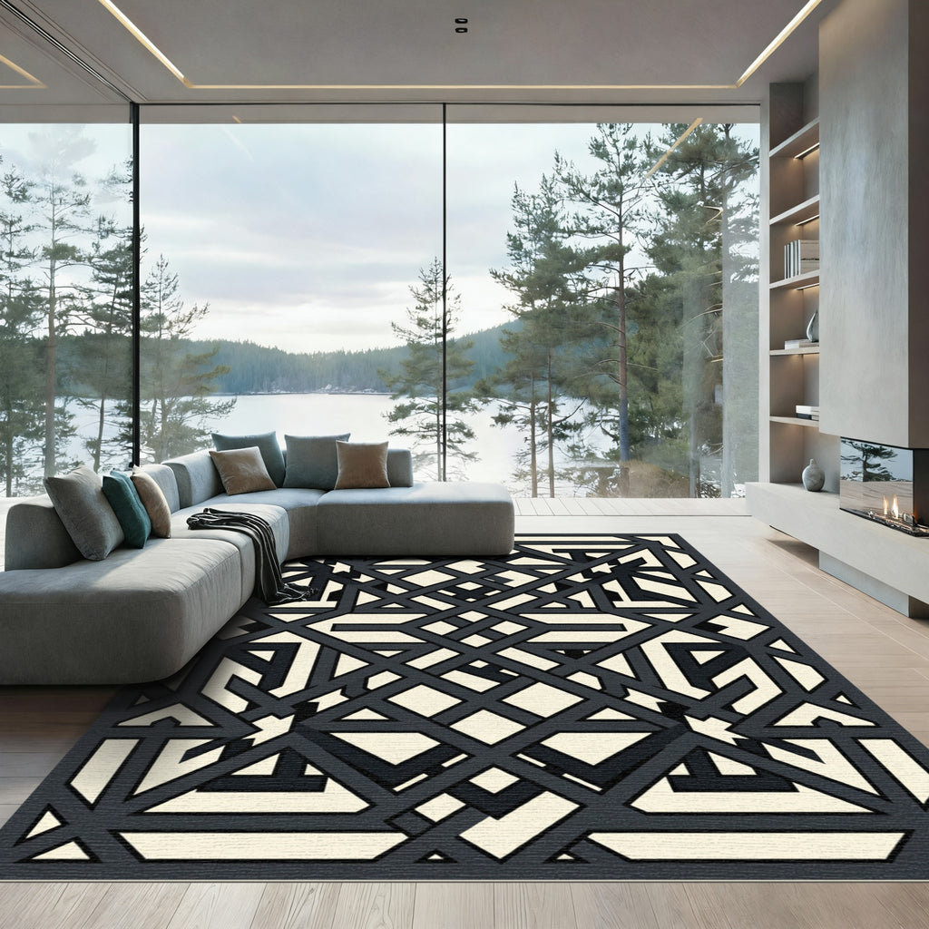 Modern Charcoal Cream Interlocking Geometric Lattice Rug