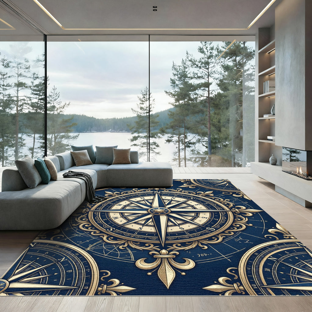 Golden Nautical Compass Royal Blue Antiquity Rug