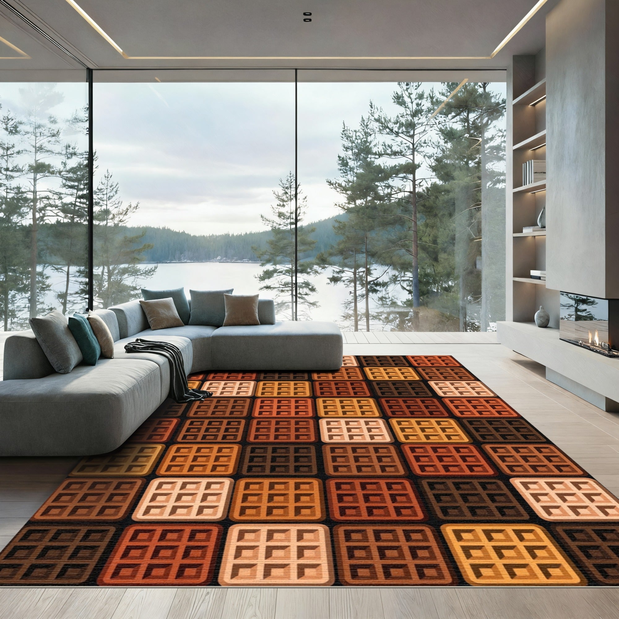 Earthy Tones Multi Square Grid Mosaic Rug