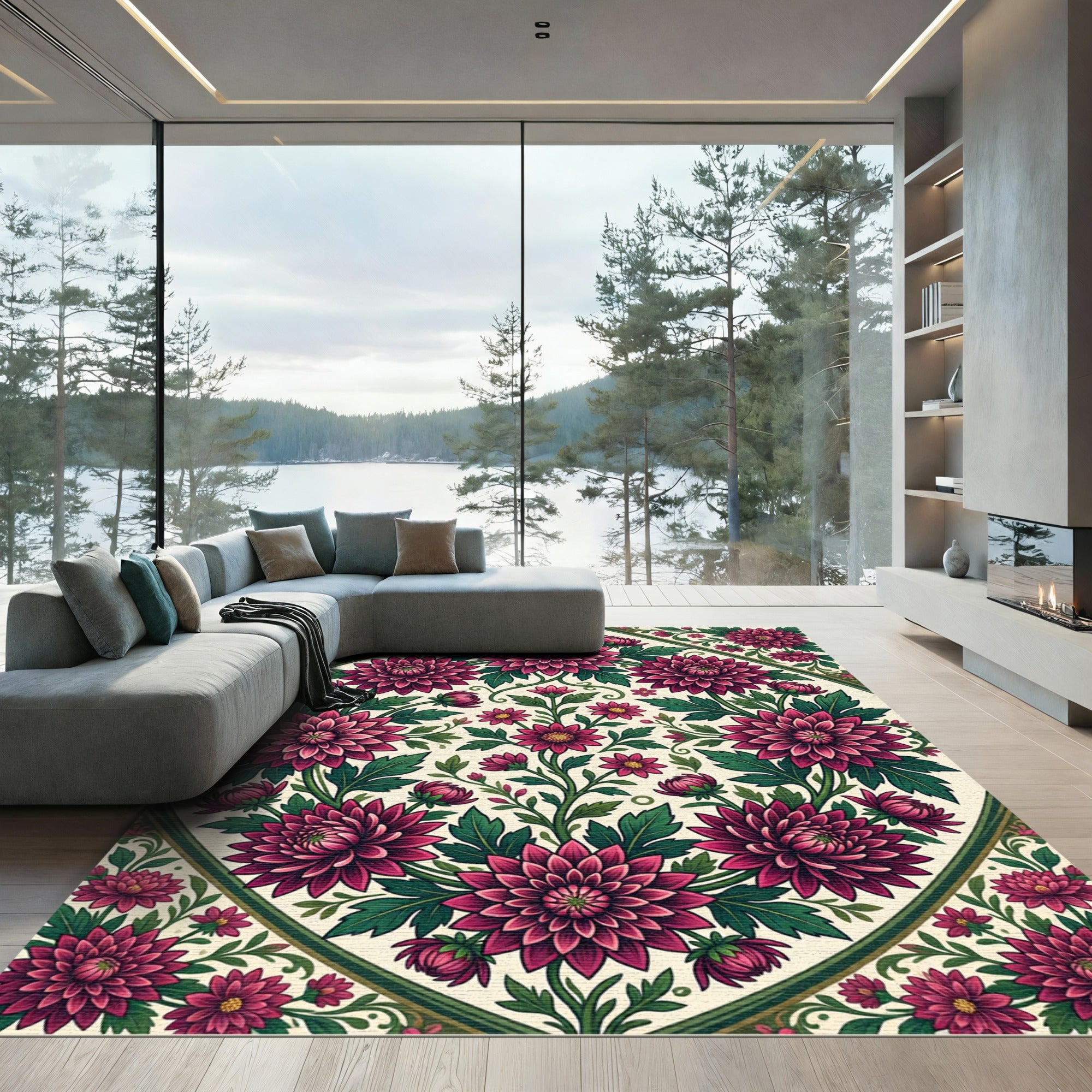 Vibrant Magenta Chrysanthemum Floral Medallion Rug