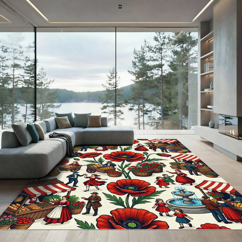 Vintage Scarlet Poppy Market Scene Rug