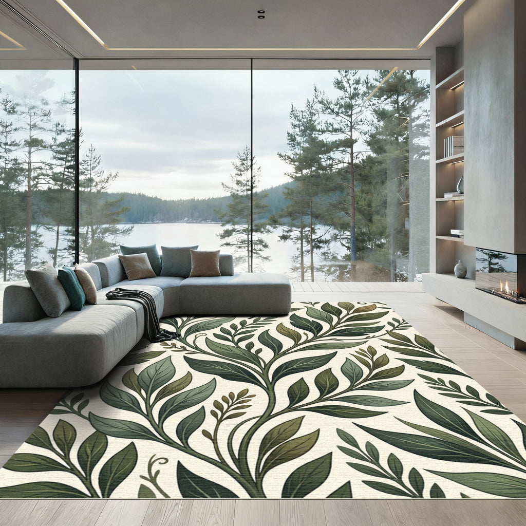 Lush Emerald Botanical Leaf Woven Rug
