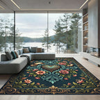 Elegant Teal Heart Floral Damask Rug
