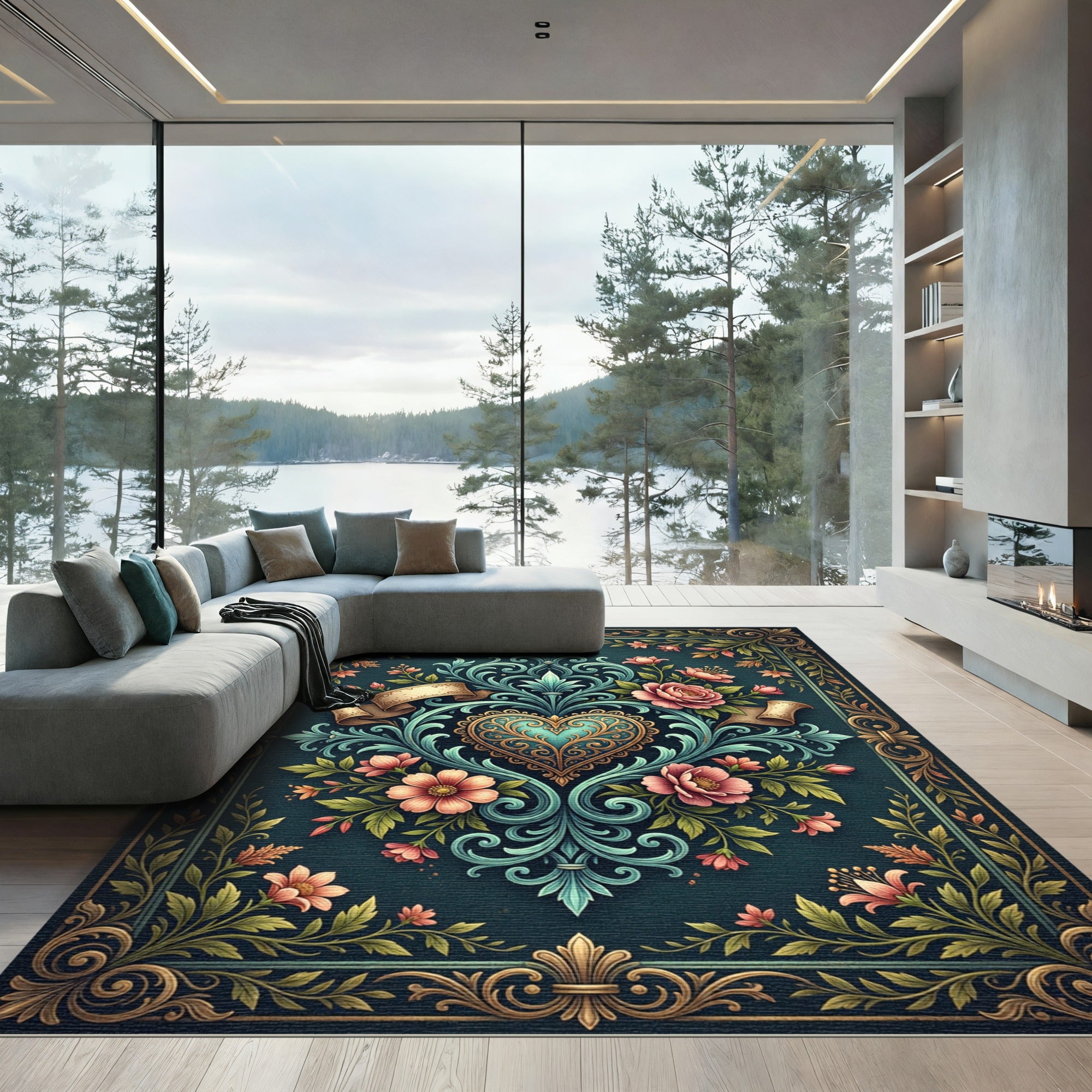 Elegant Teal Heart Floral Damask Rug