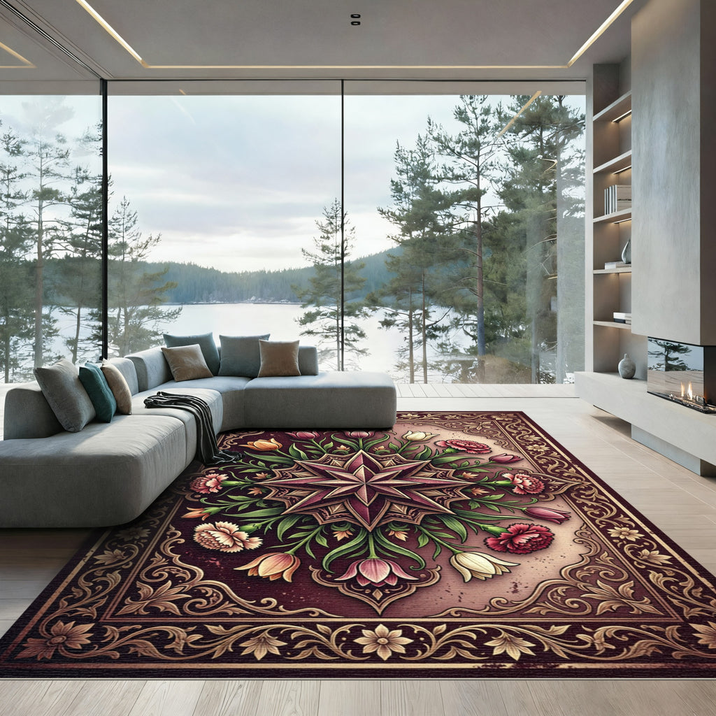 Elegant Plum Star Floral Medallion Rug