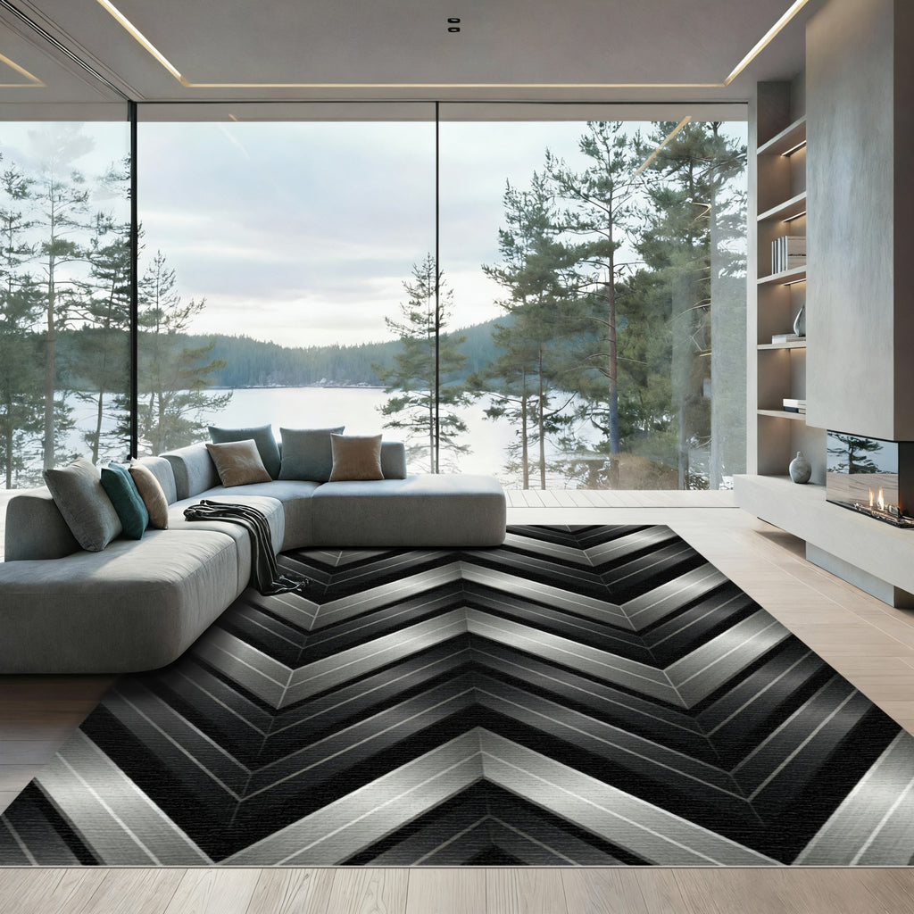 Metallic Silver Chevron Geometric Monochromatic Rug
