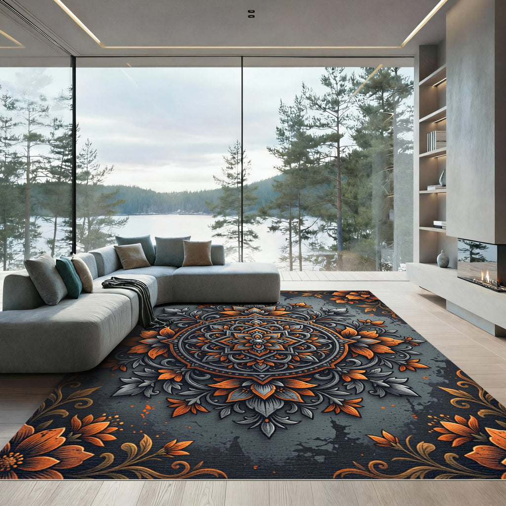 Charcoal and Orange Floral Medallion Rug