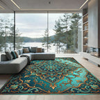 Elegant Teal Gold Filigree Floral Medallion Rug