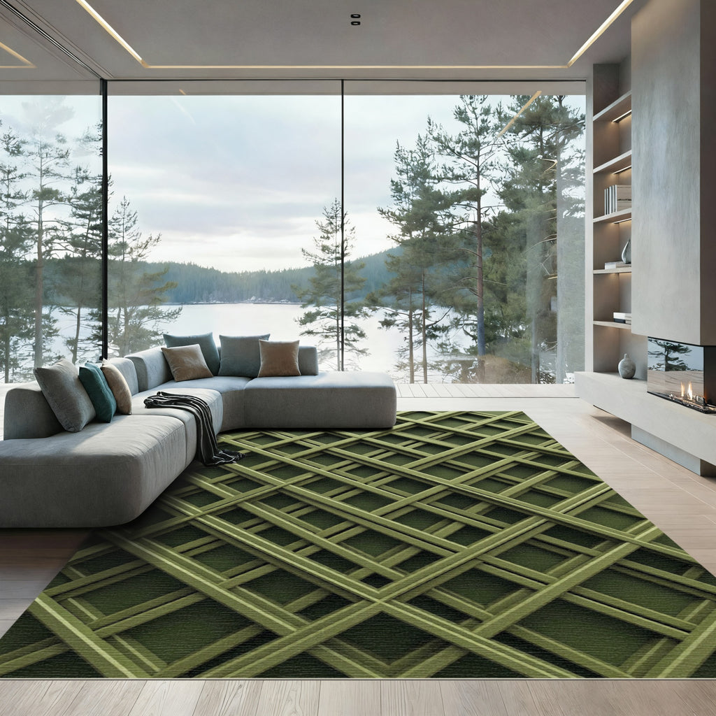 Olive Green Overlapping Geometric Grid Rug