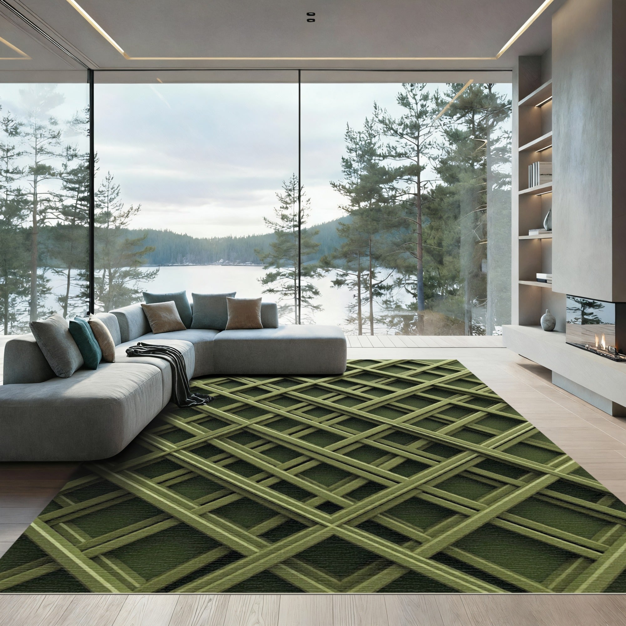 Olive Green Overlapping Geometric Grid Rug