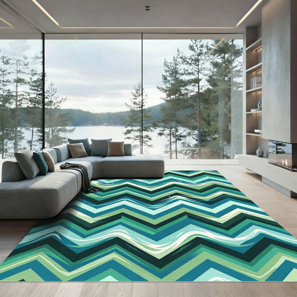 Modern Teal Green Chevron Wave Rug