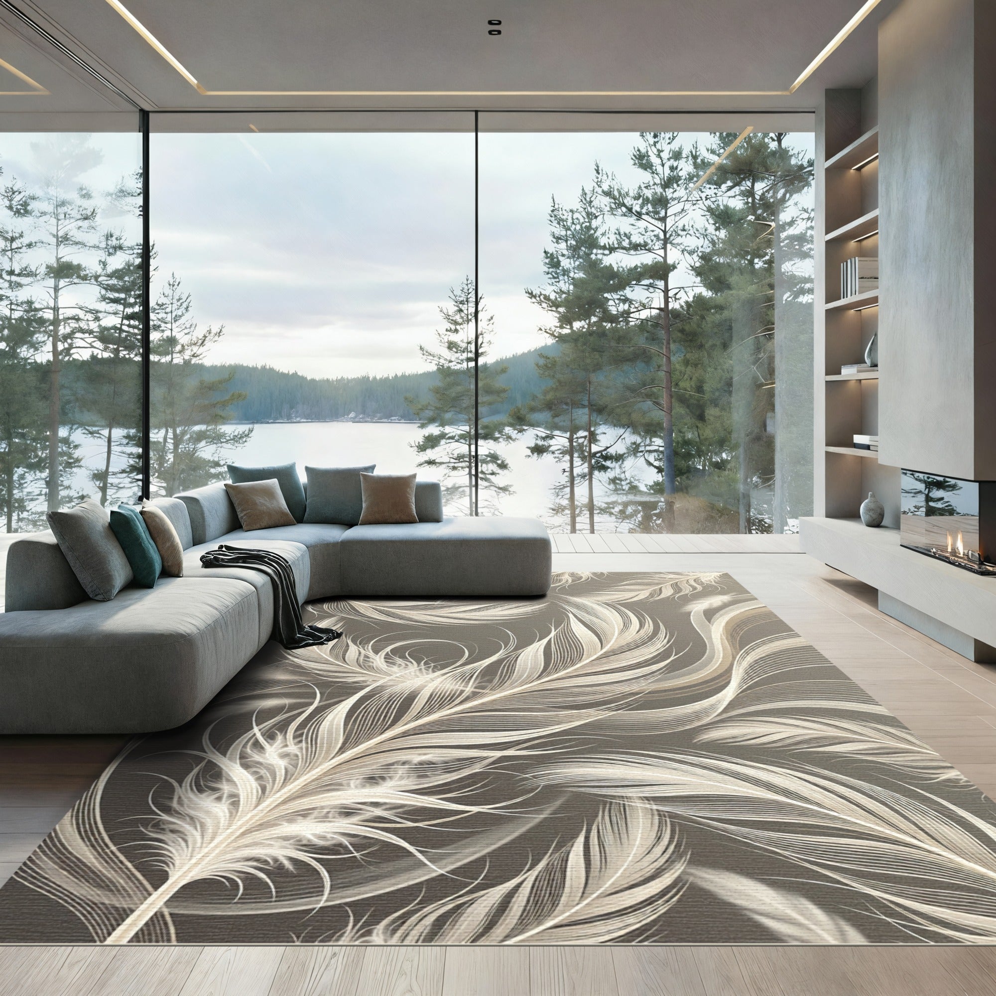 Elegant Ivory Floating Feather Illustration Rug