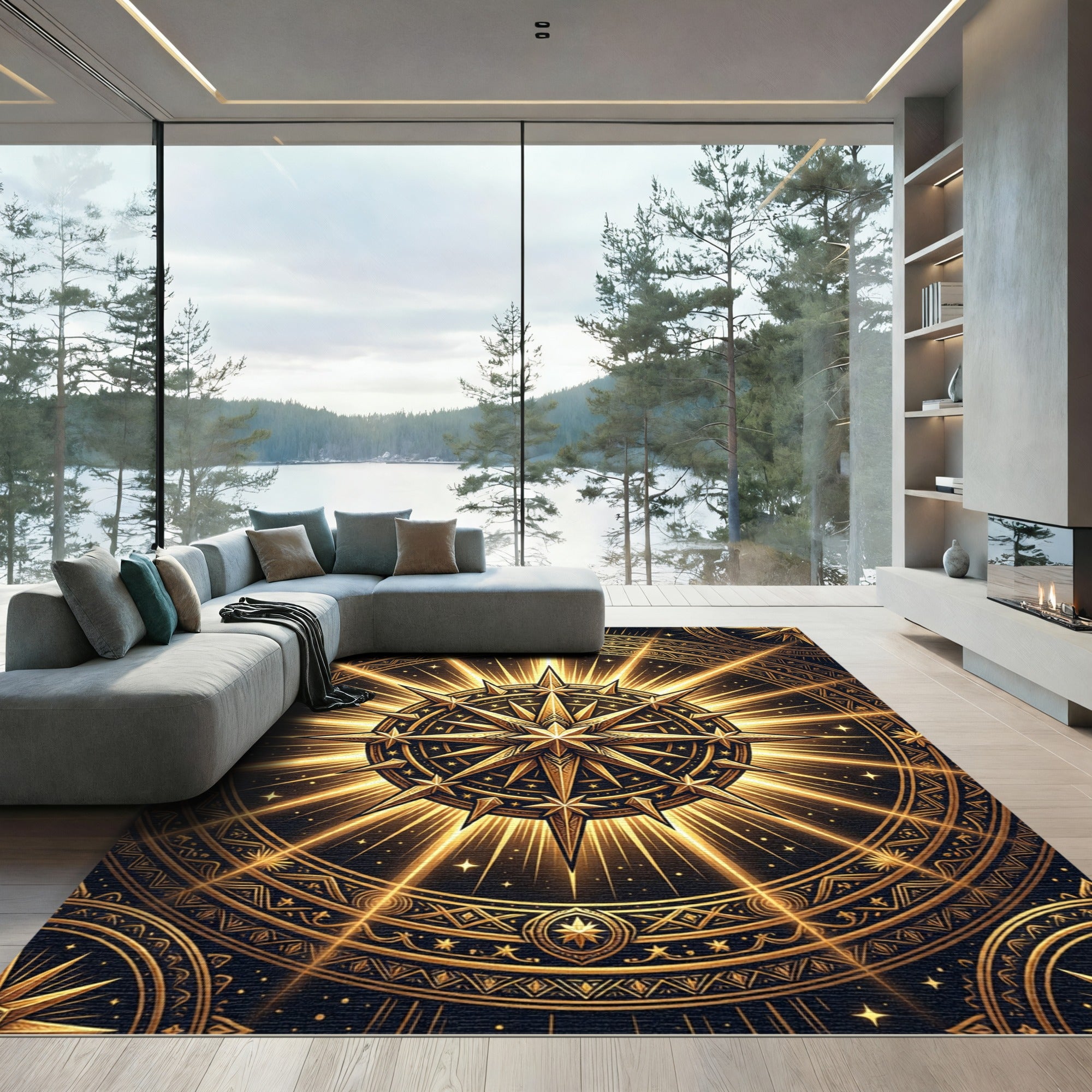Golden Starry Radiant Mandala Rug