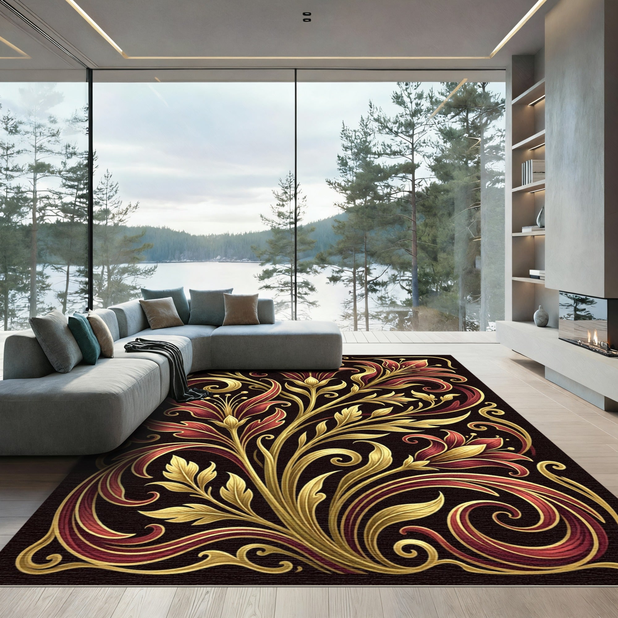 Rich Red And Gold Floral Scroll Rug