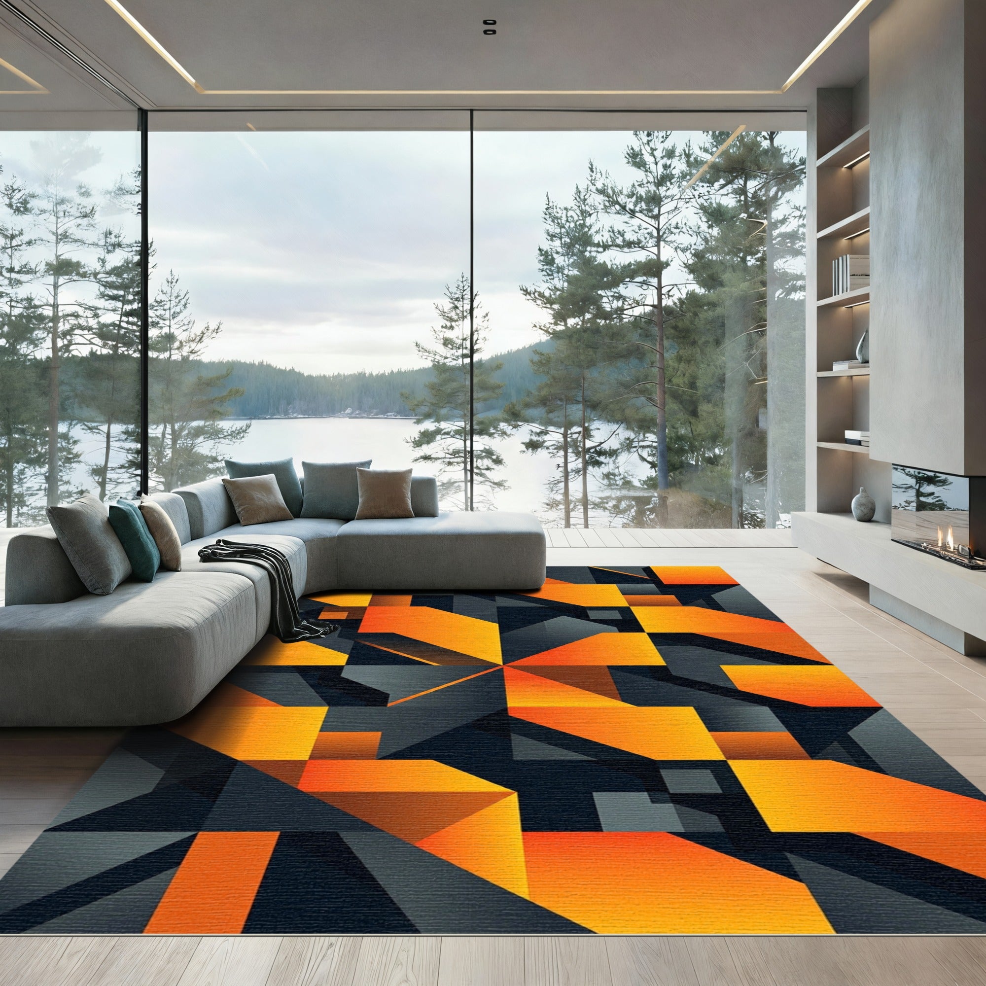 Geometric Modern Amber and Charcoal Rug