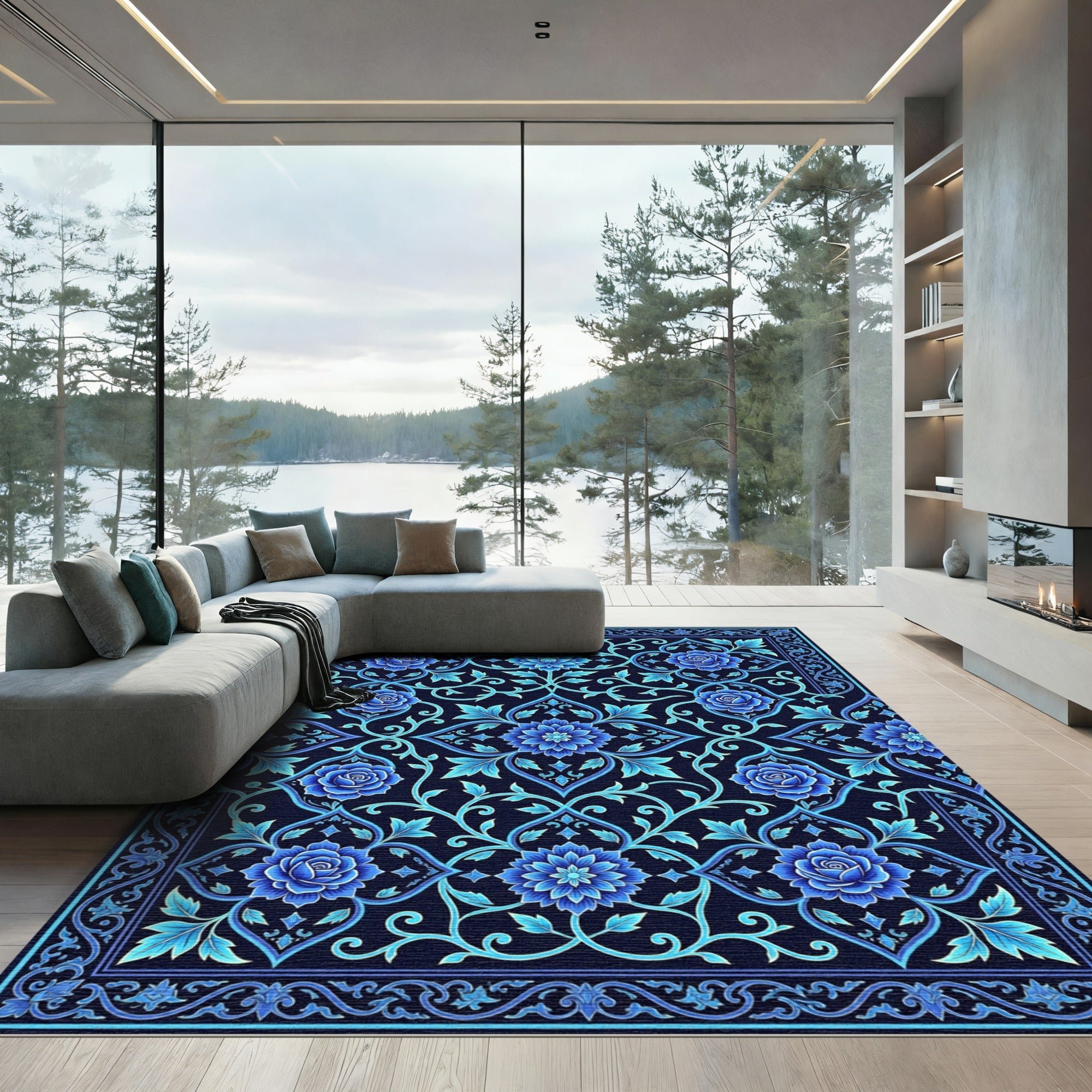 Midnight Blue Floral Arabesque Rug