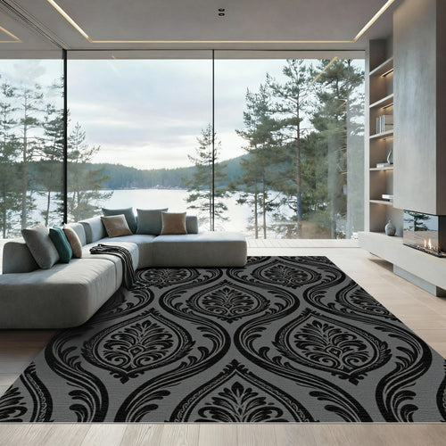 Black Floral Damask Gray Background Rug